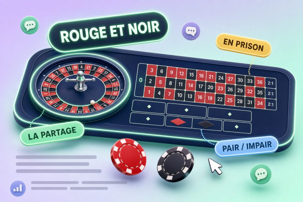 Roulettetafel met het rode en zwarte tafelkleed en de Franse opschriften rouge, noir, pair en impair